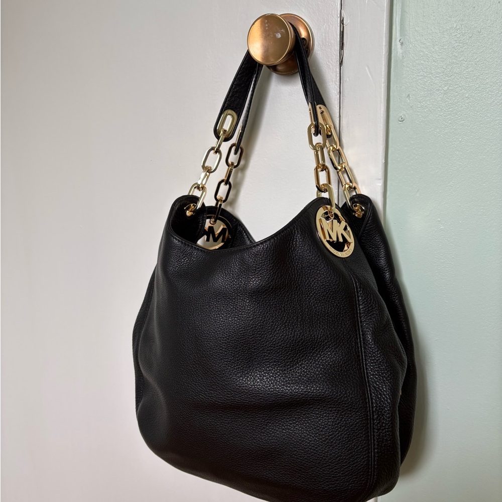 Michael Kors Black and Gold Shoulder Bag with Chain Details